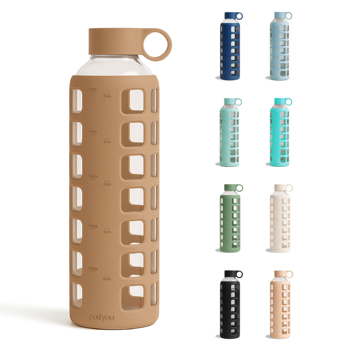 purifyou 40oz / 32oz / 22oz / 12oz Borosilicate Glass Water Bottle with Time & Volume Markers, Silicone Sleeve, Stainless Steel Lid | Reusable Glass Bottle for Water & Juice (32oz Jet Black)