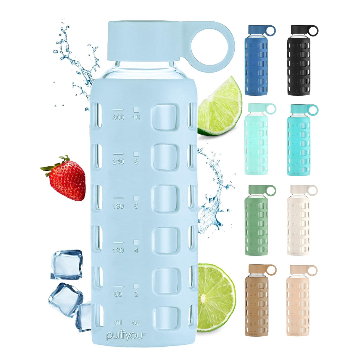purifyou 40oz / 32oz / 22oz / 12oz Borosilicate Glass Water Bottle with Time & Volume Markers, Silicone Sleeve, Stainless Steel Lid | Reusable Glass Bottle for Water & Juice (32oz Jet Black)