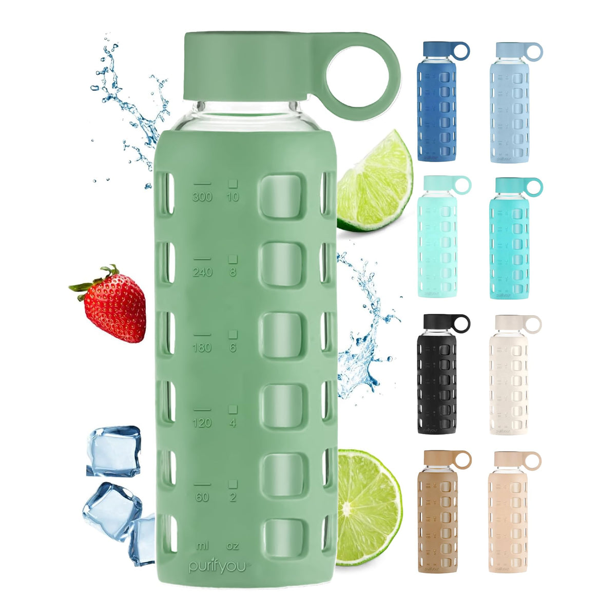 purifyou 40oz / 32oz / 22oz / 12oz Borosilicate Glass Water Bottle with Time & Volume Markers, Silicone Sleeve, Stainless Steel Lid | Reusable Glass Bottle for Water & Juice (32oz Jet Black)