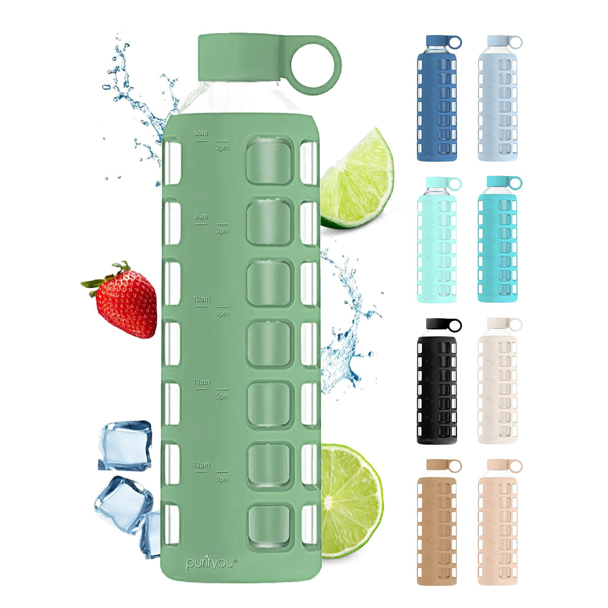 purifyou 40oz / 32oz / 22oz / 12oz Borosilicate Glass Water Bottle with Time & Volume Markers, Silicone Sleeve, Stainless Steel Lid | Reusable Glass Bottle for Water & Juice (32oz Jet Black)