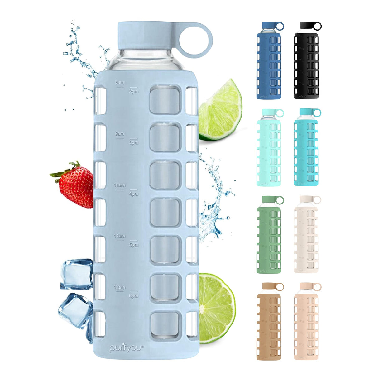purifyou 40oz / 32oz / 22oz / 12oz Borosilicate Glass Water Bottle with Time & Volume Markers, Silicone Sleeve, Stainless Steel Lid | Reusable Glass Bottle for Water & Juice (32oz Jet Black)