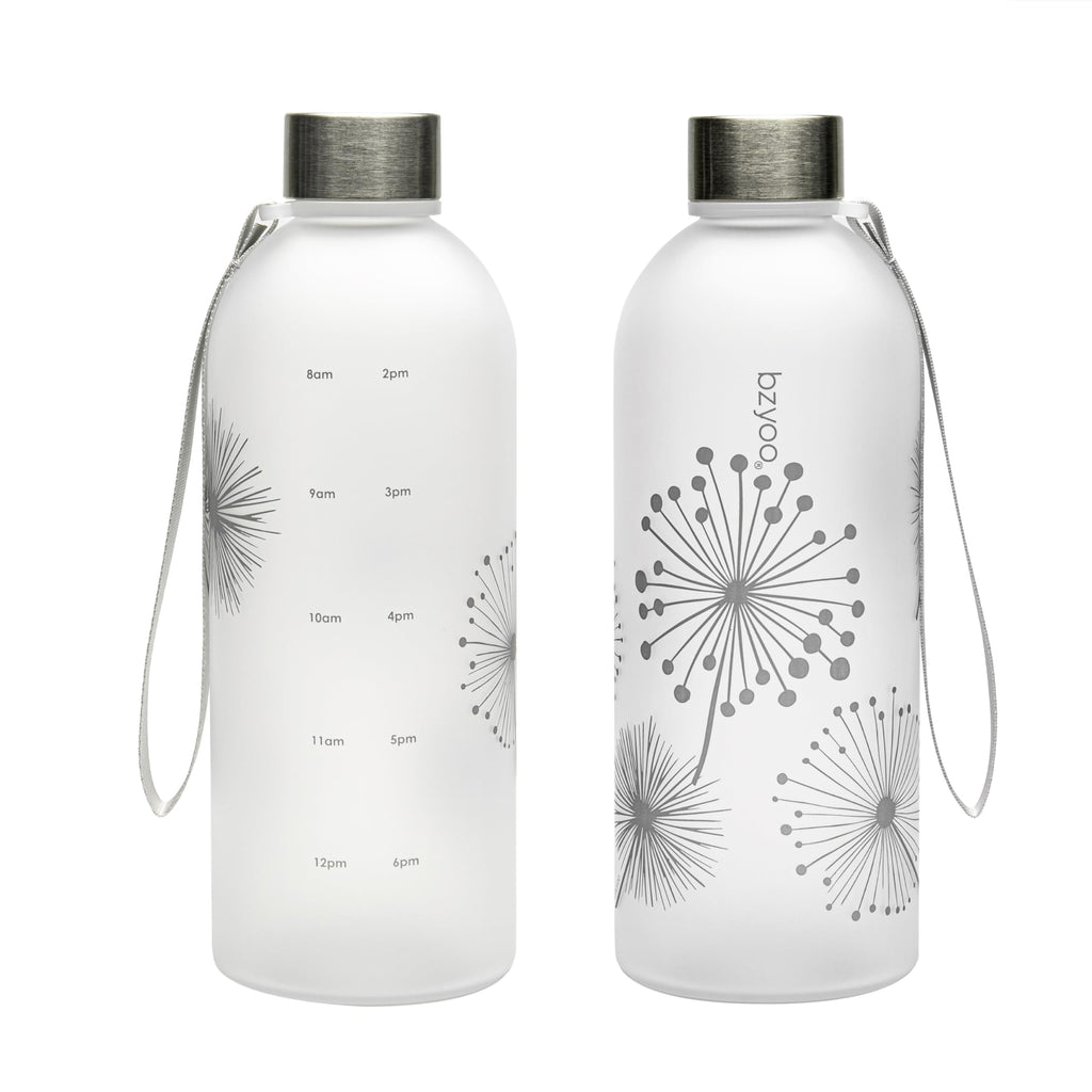 bzyoo 32 OZ 1 Liter Time Marker Water Bottle Frosted Durable Plastic With Strap - Reusable Clear Bottle With Times To Drink Time Markings For Daily Hydration Intake BPA Free (Silver)