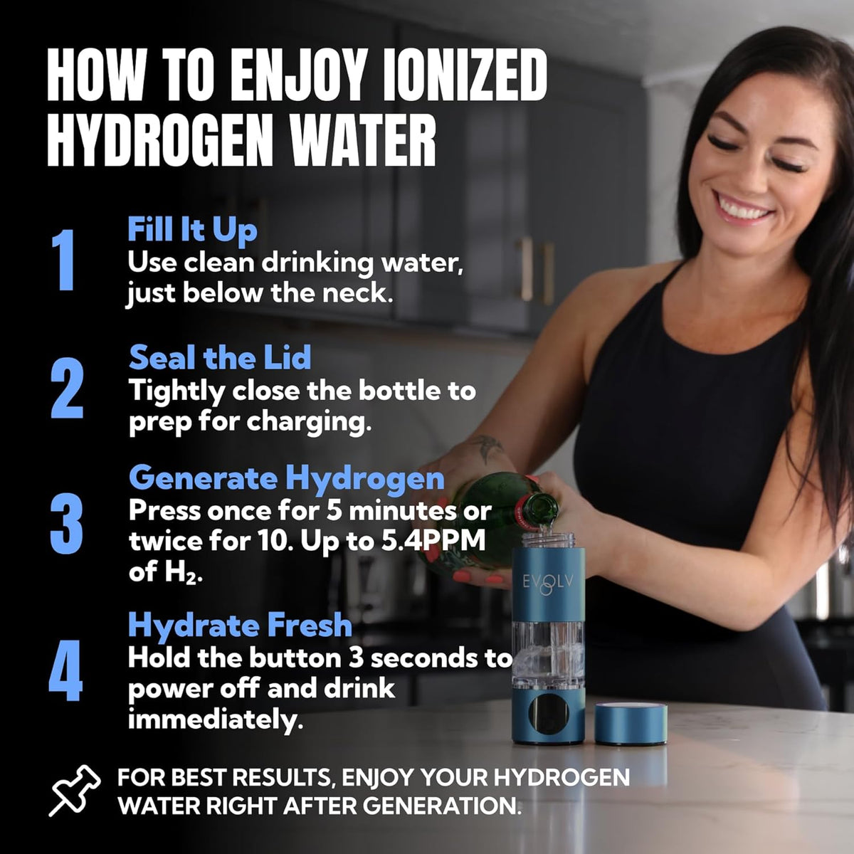 EVOLV Hydrogen Water Bottle Generator – SPE & PEM Water Ionizer 5.4PPM, Highest H2 Concentration – Portable 8oz Hydrogenated Water Bottle – Leak-Proof Hydrogen Water Machine, Easy to Use – Turquoise