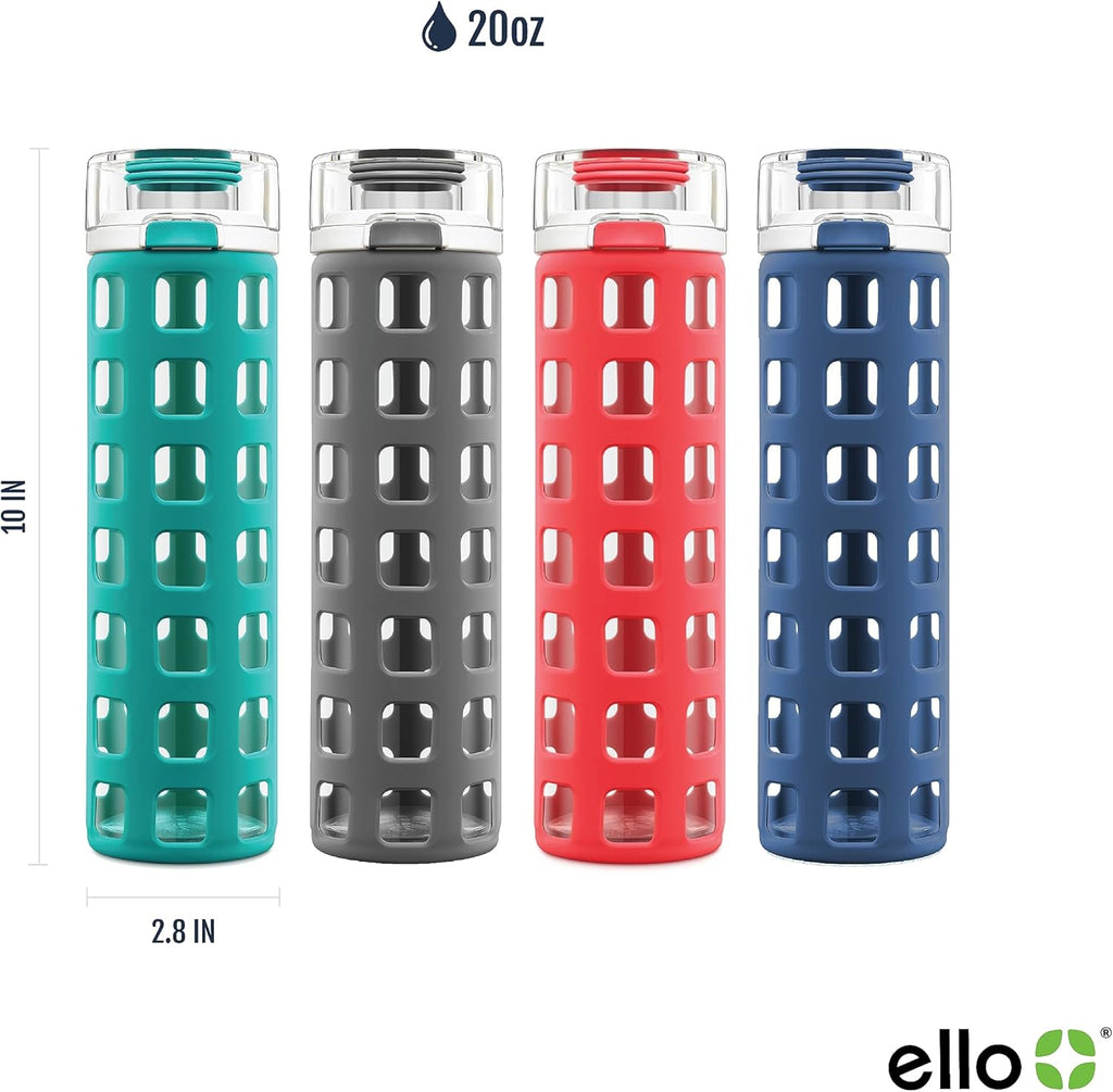 Ello Syndicate 20oz Reusable Glass Water Bottle with One-Touch Leak Proof Flip Lid and Protective Non-Slip Silicone Sleeve and Carry Loop for Coffee, Tea and Water, BPA-free, Dishwasher Safe, Pink