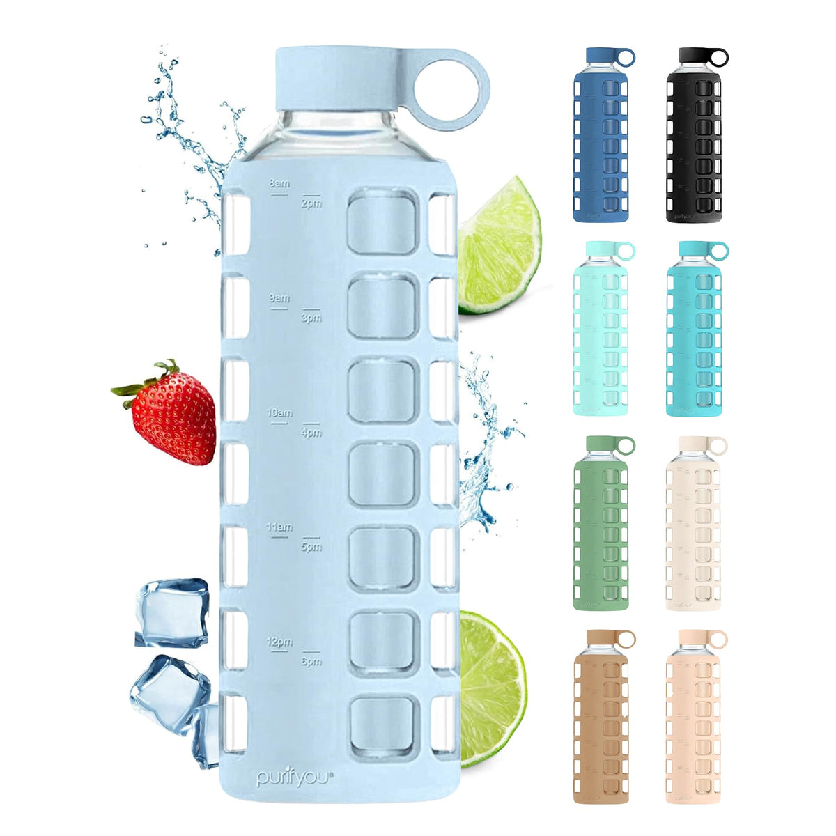 purifyou 40oz / 32oz / 22oz / 12oz Borosilicate Glass Water Bottle with Time & Volume Markers, Silicone Sleeve, Stainless Steel Lid | Reusable Glass Bottle for Water & Juice (32oz Jet Black)