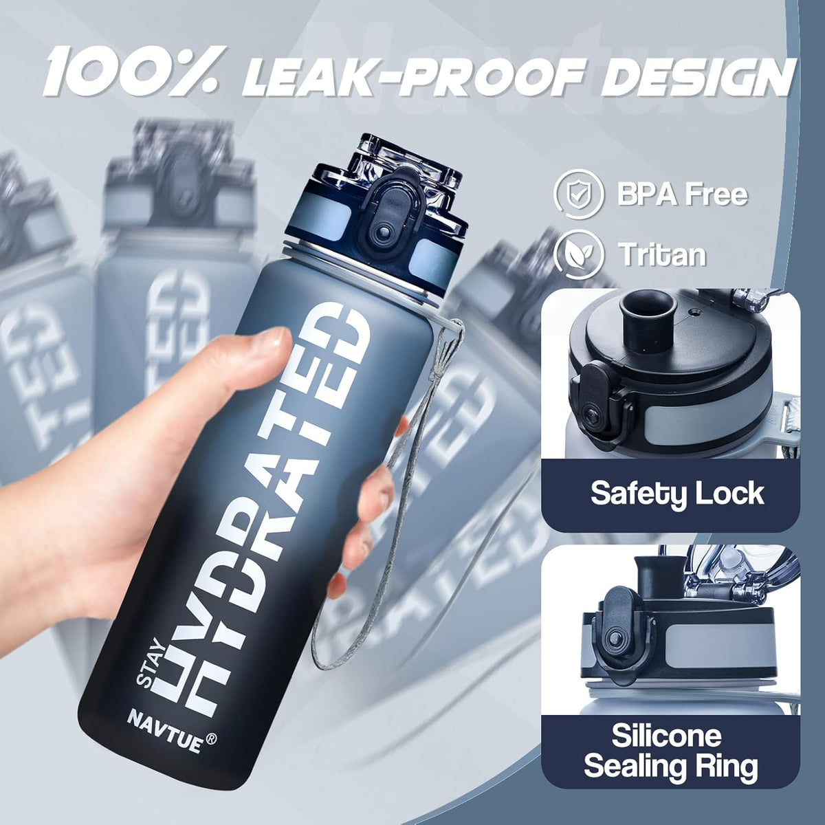 Water Bottle, 16.9 OZ Sports Water Bottles with Time Marker Wide Mouth, Motivational and Leakproof Drink Bottle, BPA Free Tritan with Carry Strap for Gym Fitness Outdoor(1 Bottle)