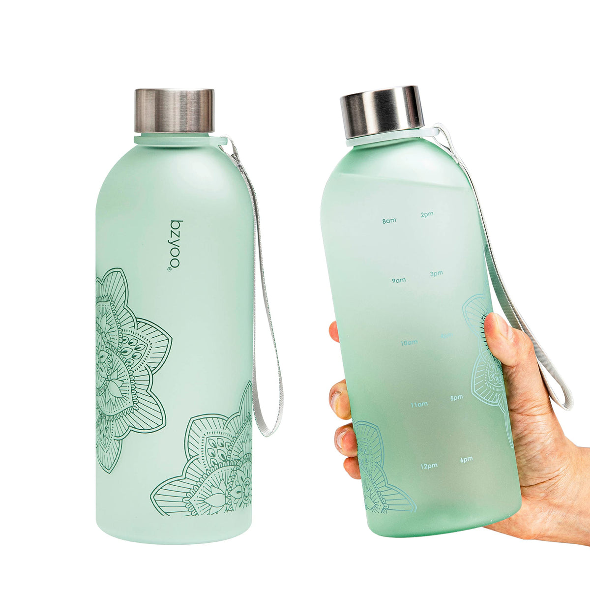 bzyoo 32 OZ 1 Liter Time Marker Water Bottle Frosted Durable Plastic With Strap - Reusable Clear Bottle With Times To Drink Time Markings For Daily Hydration Intake BPA Free (Silver)