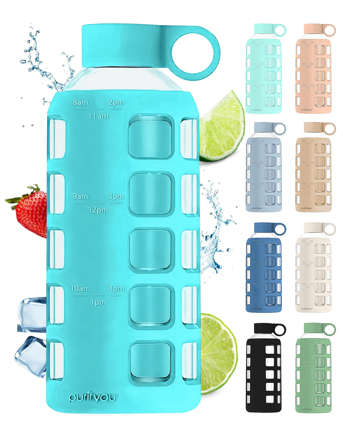purifyou 40oz / 32oz / 22oz / 12oz Borosilicate Glass Water Bottle with Time & Volume Markers, Silicone Sleeve, Stainless Steel Lid | Reusable Glass Bottle for Water & Juice (32oz Jet Black)