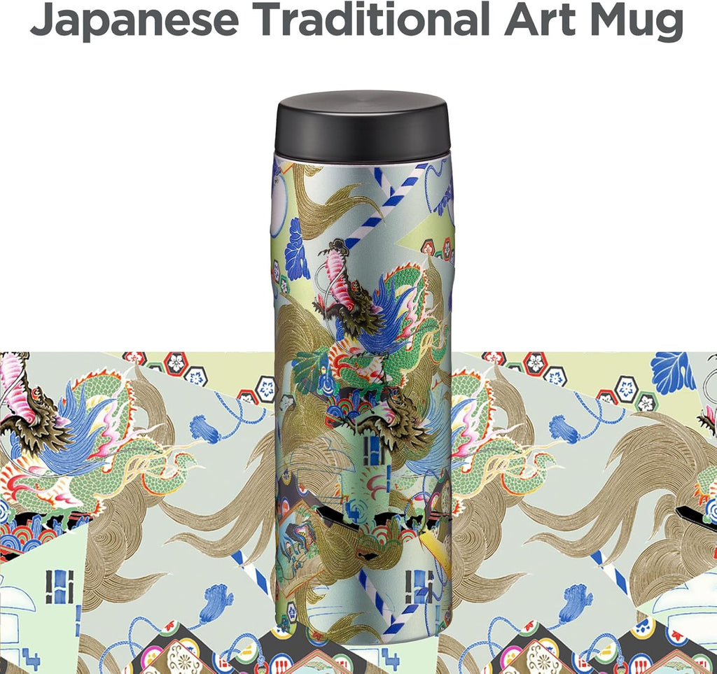 Tiger Made in Japan Insulated Travel Mug, 16oz (480ml) - 100-Year Kyoto Yuzen Tradition Design, Premium Stainless Steel Vacuum Water Bottle, with Luxury Paulownia Gift Box, MJX-B481GR, Seafoam Green