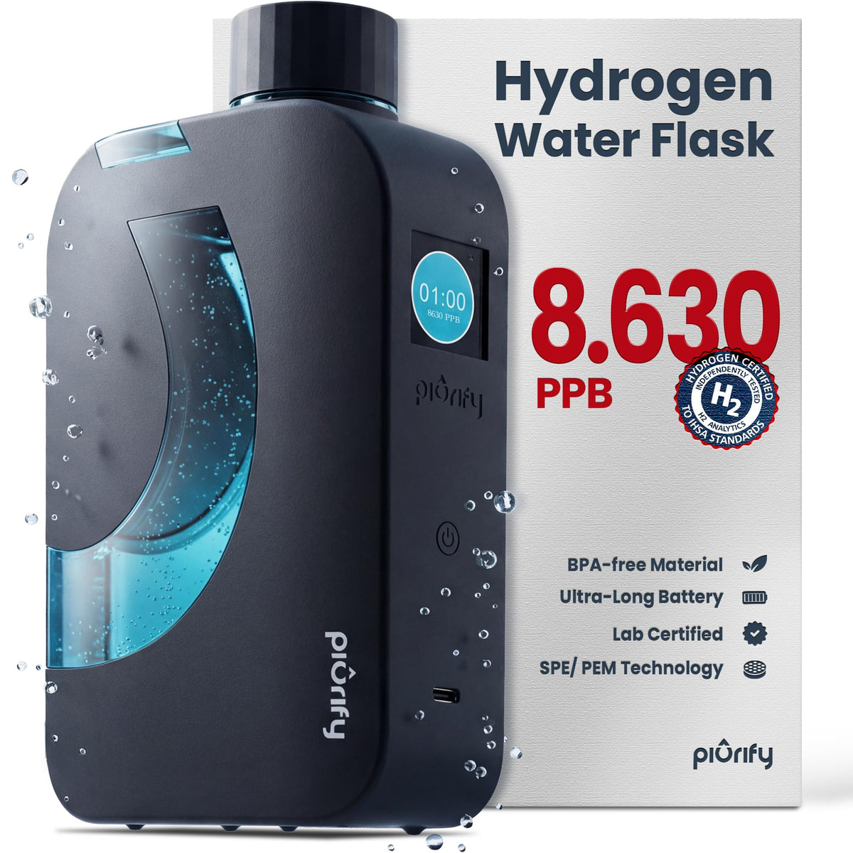 PIURIFY Flask Hydrogen Water Bottle | UP TO 8,630 PPB High-Purity H2 | 12 OZ | SPE/PEM Electrolysis | Self-Cleaning | Dual-Mode | 5000 mAh Battery | BPA-Free | Certified by H2 Analytics (Blue Mate)